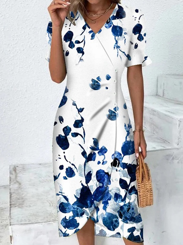 V Neck Short Sleeves Printed Casual Midi Dress