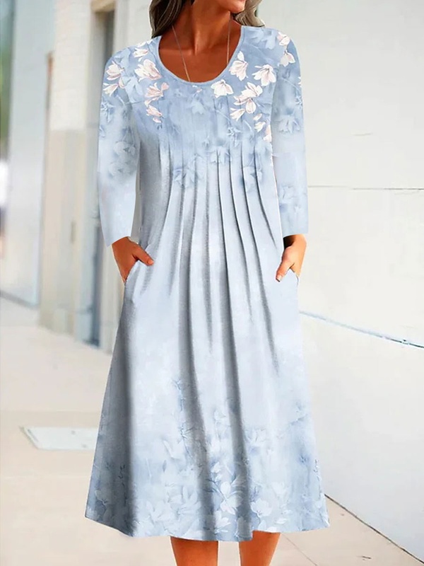 Round Neck Casual Loose Floral Print Long Sleeve Midi Dress