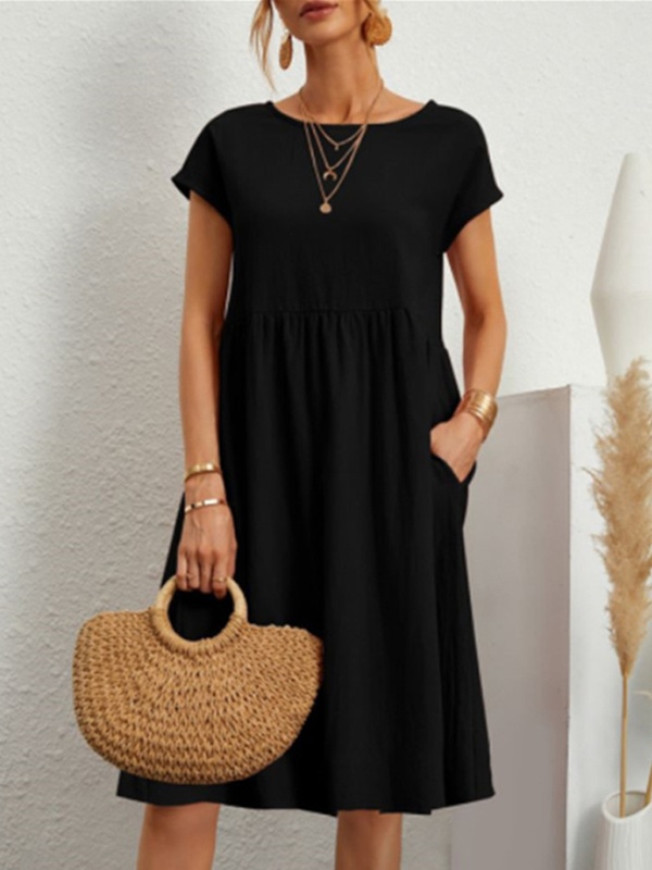 Summer Cotton And Linen Solid Color Round Neck Dress