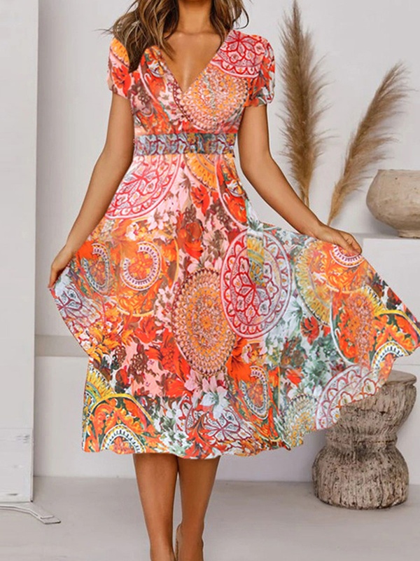 V neck Cotton Floral Print Midi Dress