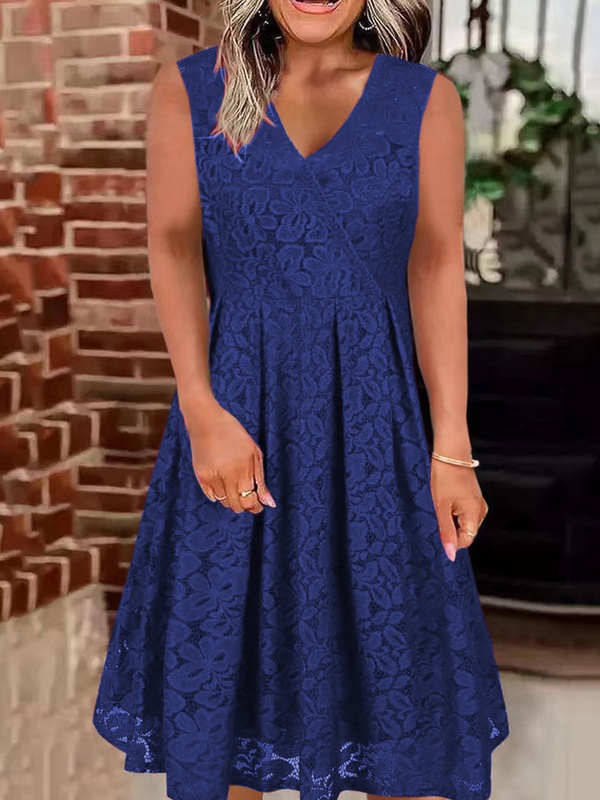 V Neck Sleeveless Lace Midi Dress