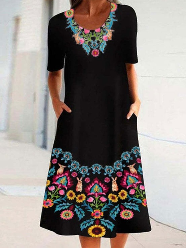 Round Neck Casual Printed Long Sleeve Midi Dress