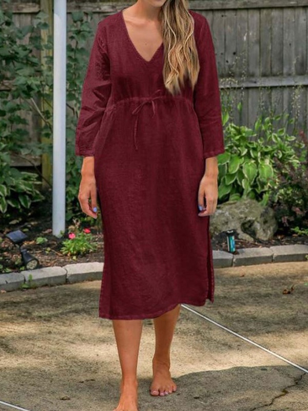 V neck Casual Loose Solid Color Drawstring Long Sleeve Midi