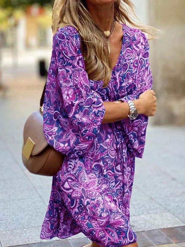 V neck Casual Loose Vintage Print Long Sleeve Short Dress