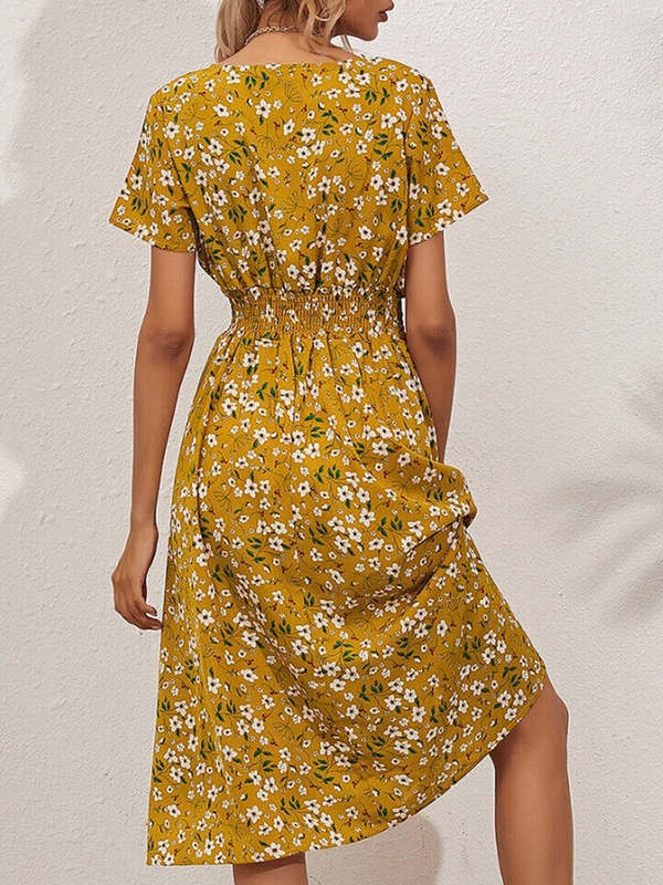 V Neck Floral Print Waist Short Sleeved Midi Dress