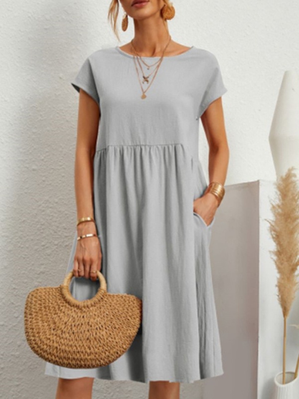 Summer Cotton And Linen Solid Color Round Neck Dress