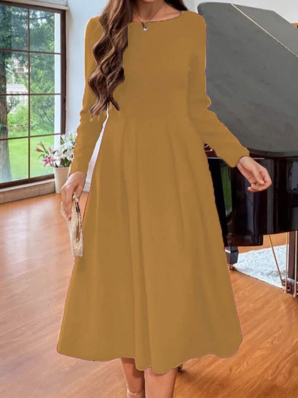 Round Neck Casual Loose Solid Color Long Sleeve Midi Dress