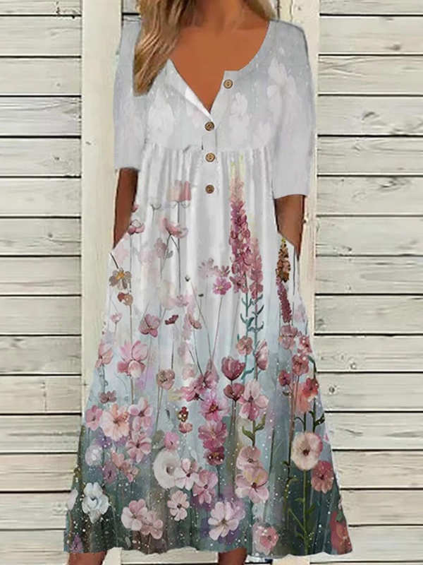 Round Neck Casual Loose Floral Print Long Sleeve Midi Dress