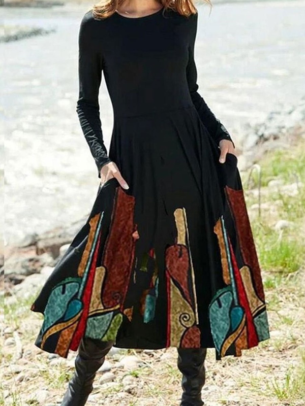 Round Neck Casual Loose Printed Long Sleeve Midi Dress