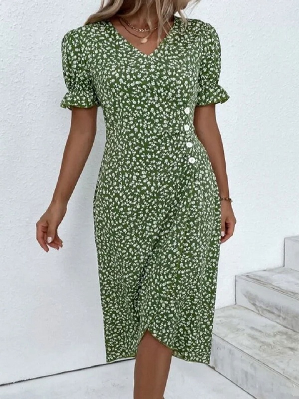 V neck Casual Floral Print Short Sleeve Midi Dress