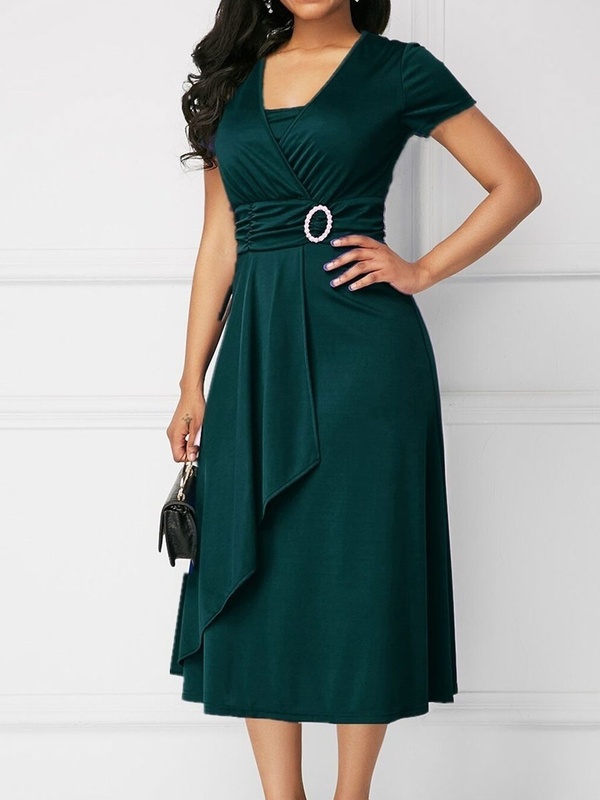 V neck Casual Loose Solid Color Short sleeved Midi Dress