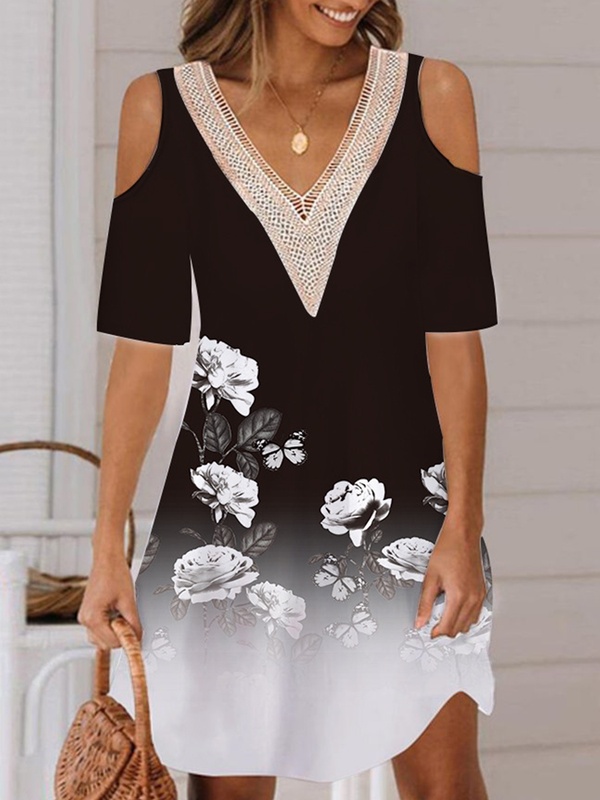 Womens Printed Off Shoulder V neck Short Dress