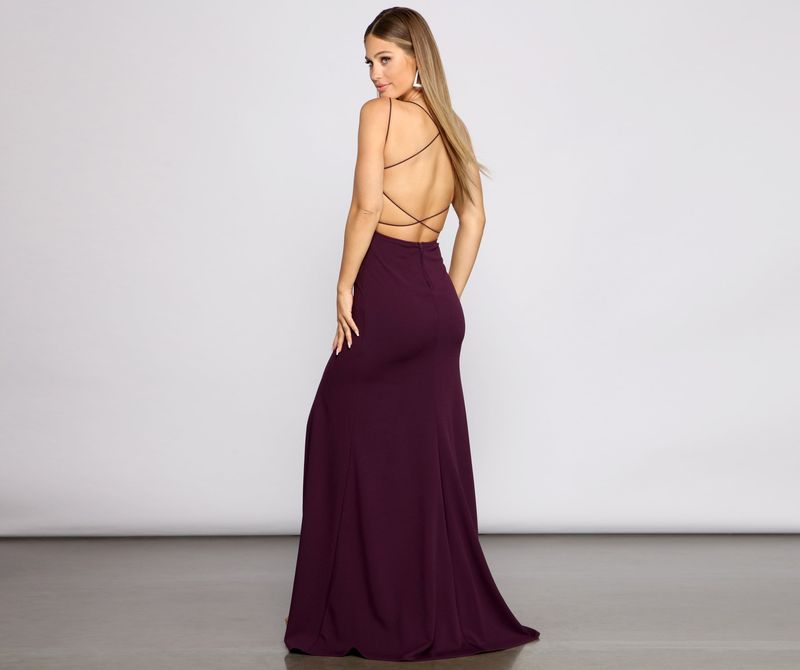 plum cross back fishtail maxi dress