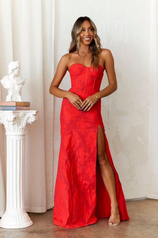 new long off the shoulder strapless a-line maxi dress red