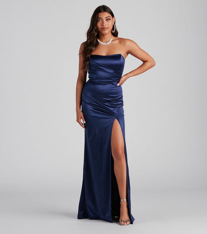 strapless high-slit satin dress