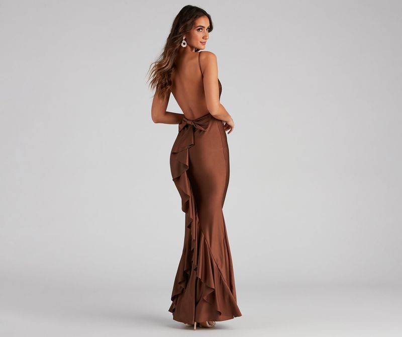 maxi dress asymmetrical frill thigh split dress in brown