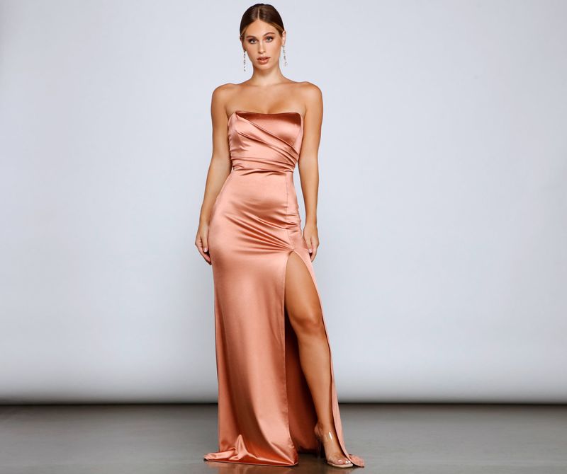 rose gold sexy slash neck pleated padded stretch silky satin