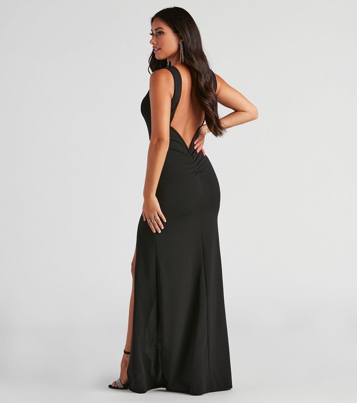 formal open back crepe dress black