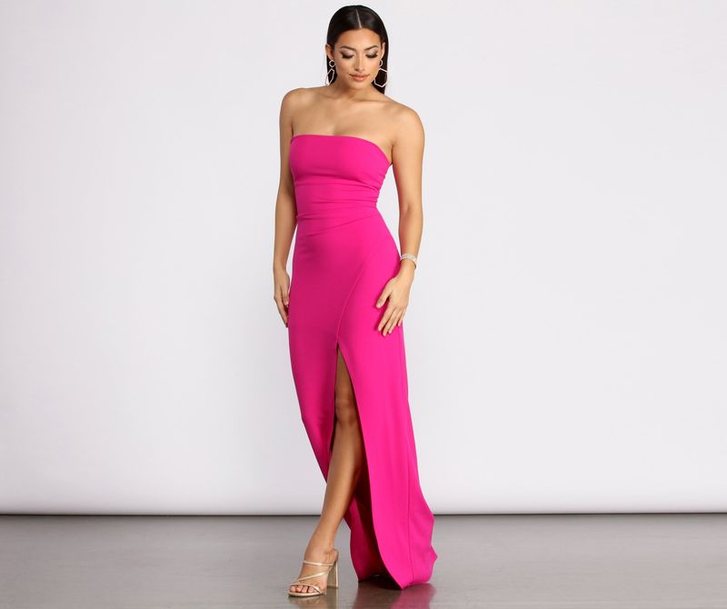 front slit strapless crepe dress pink