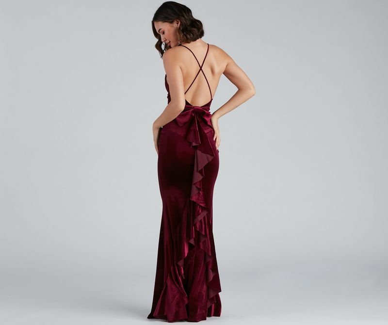 velvet burgundy red side slit dress