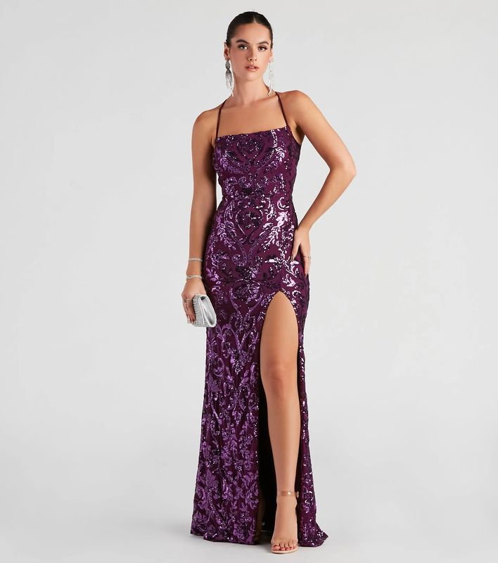 sequin mesh formal dress purple