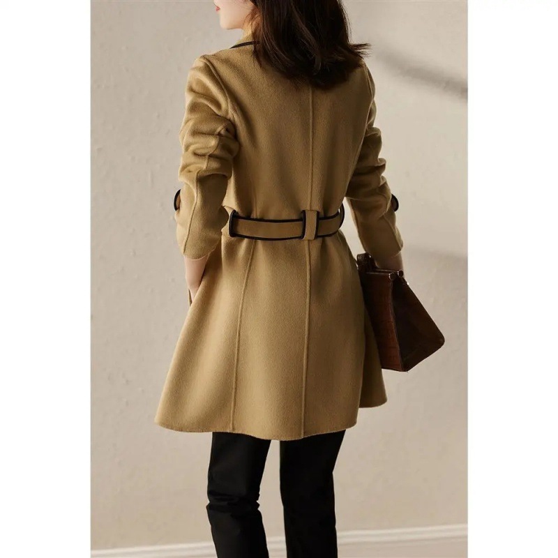 Autumn and winter mid-length slim fit tie woolen coat